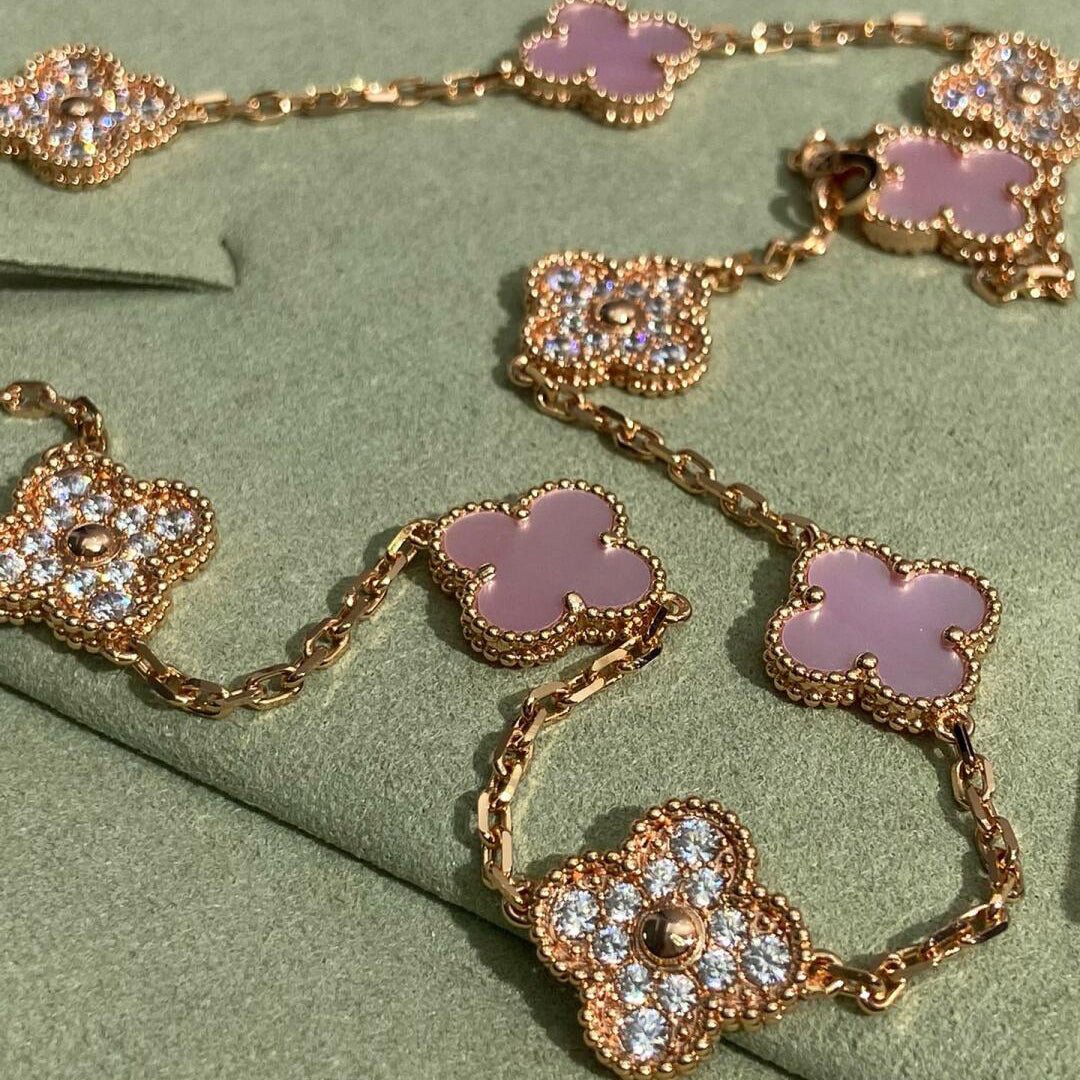 [baslovejewels]CLOVER 10 MOTIFS DIAMOND PINK MOP NECKLACE