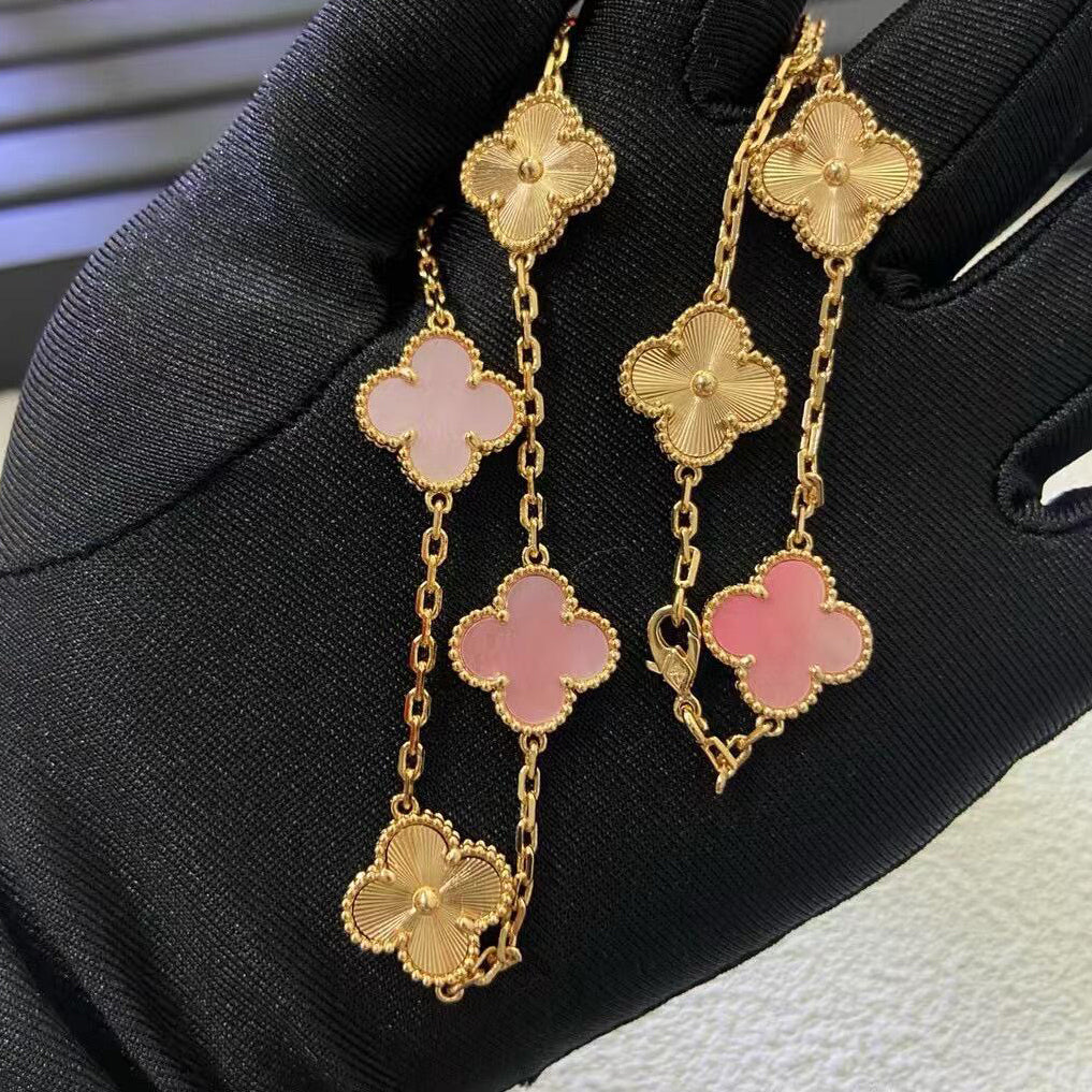 [baslovejewels]CLOVER 10 MOTIFS  LASER PINK MOP NECKLACE