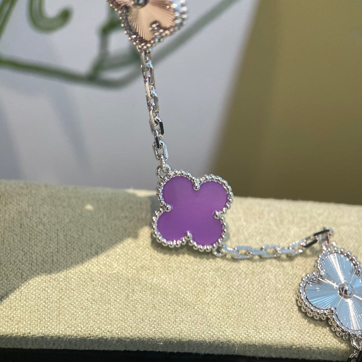 [baslovejewels]CLOVER  5 MOTIFS  PURPLE VIOLET BRACELET SILVER