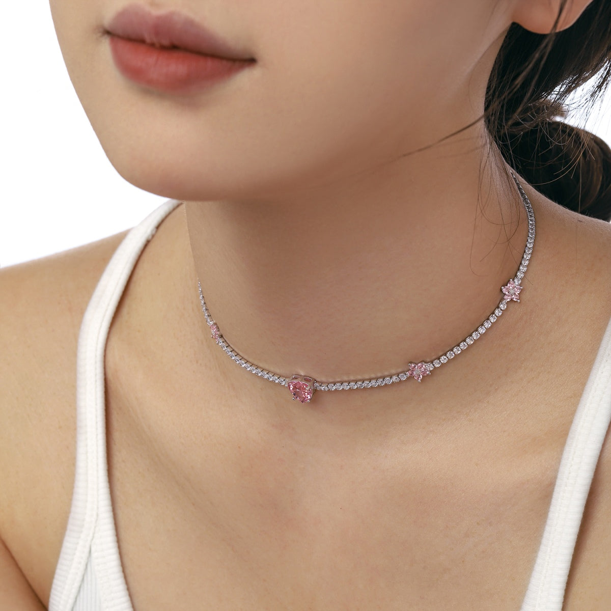 [baslovejewels]Dazzling Pink Heart Flower Necklace