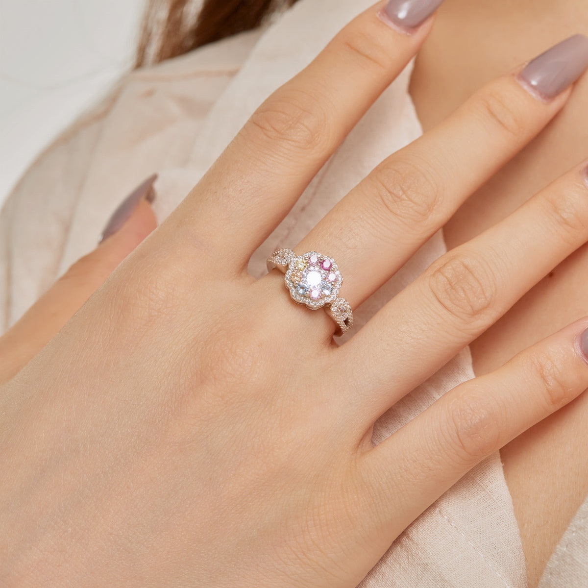 [baslovejewels]Delicate Colorful Round Cut Flower Shape Wedding Ring