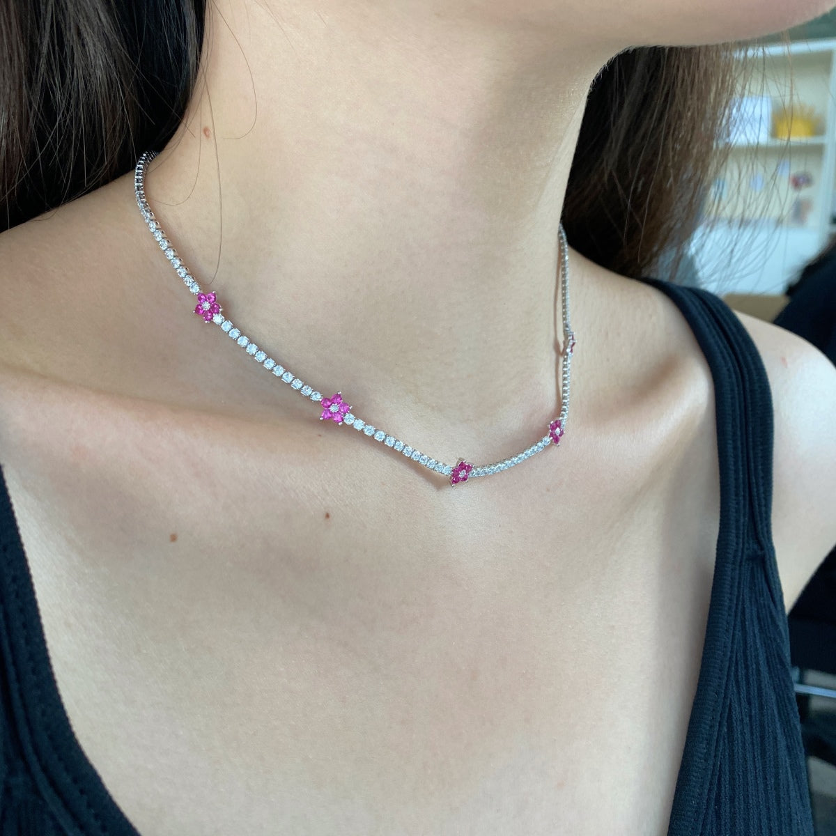 [baslovejewels]Luxurious Colorful Flower Tennis Necklace
