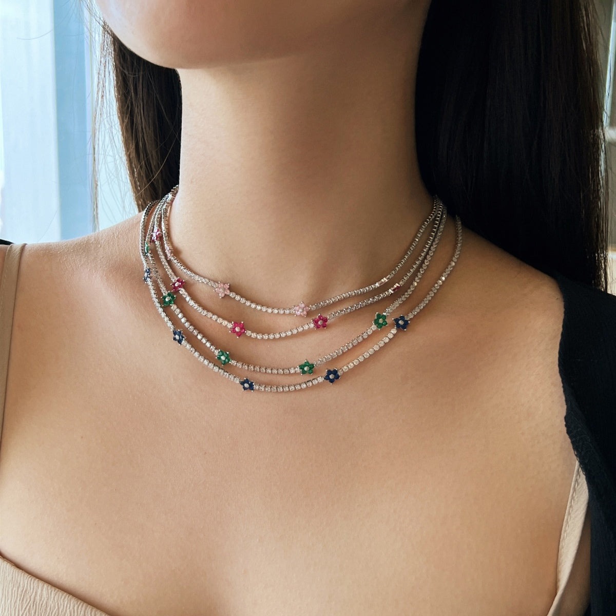 [baslovejewels]Luxurious Colorful Flower Tennis Necklace