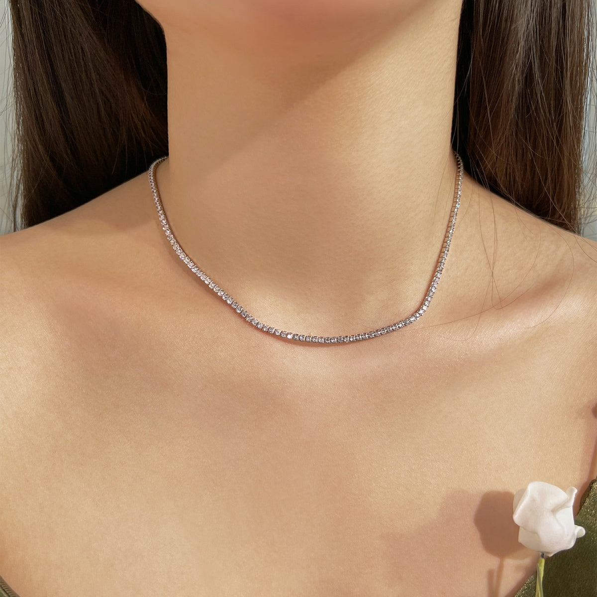 [baslovejewels]Delicate Round Shape Tennis Necklace