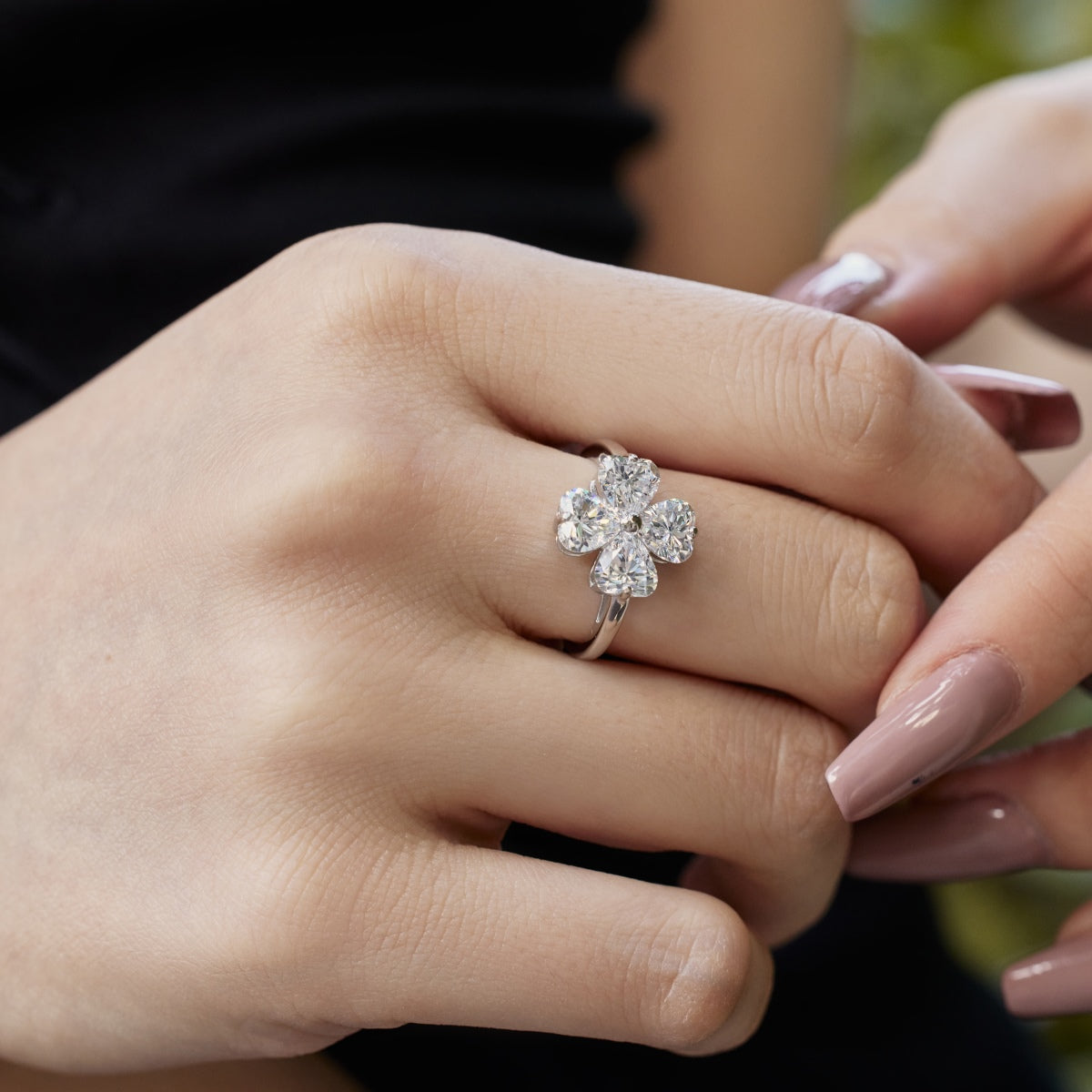 [baslovejewels]Heart-shaped Four-Leaf Clover Ball Ring
