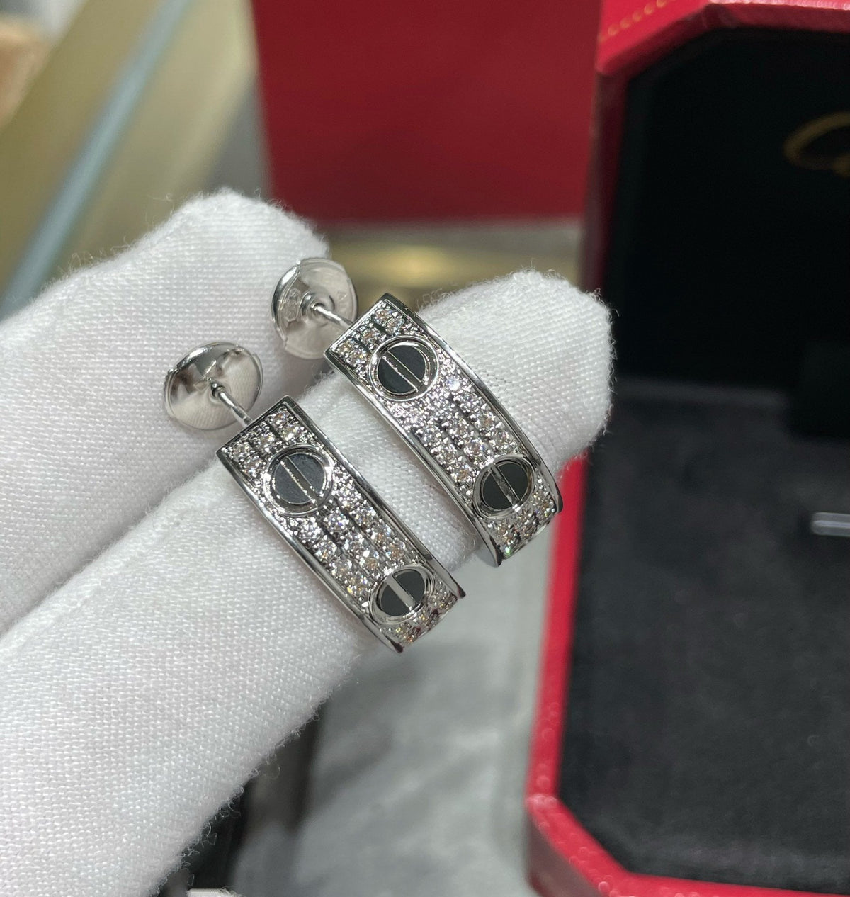 [baslovejewels]LOVE CERAMIC DIAMOND PAVED SILVER EARRINGS