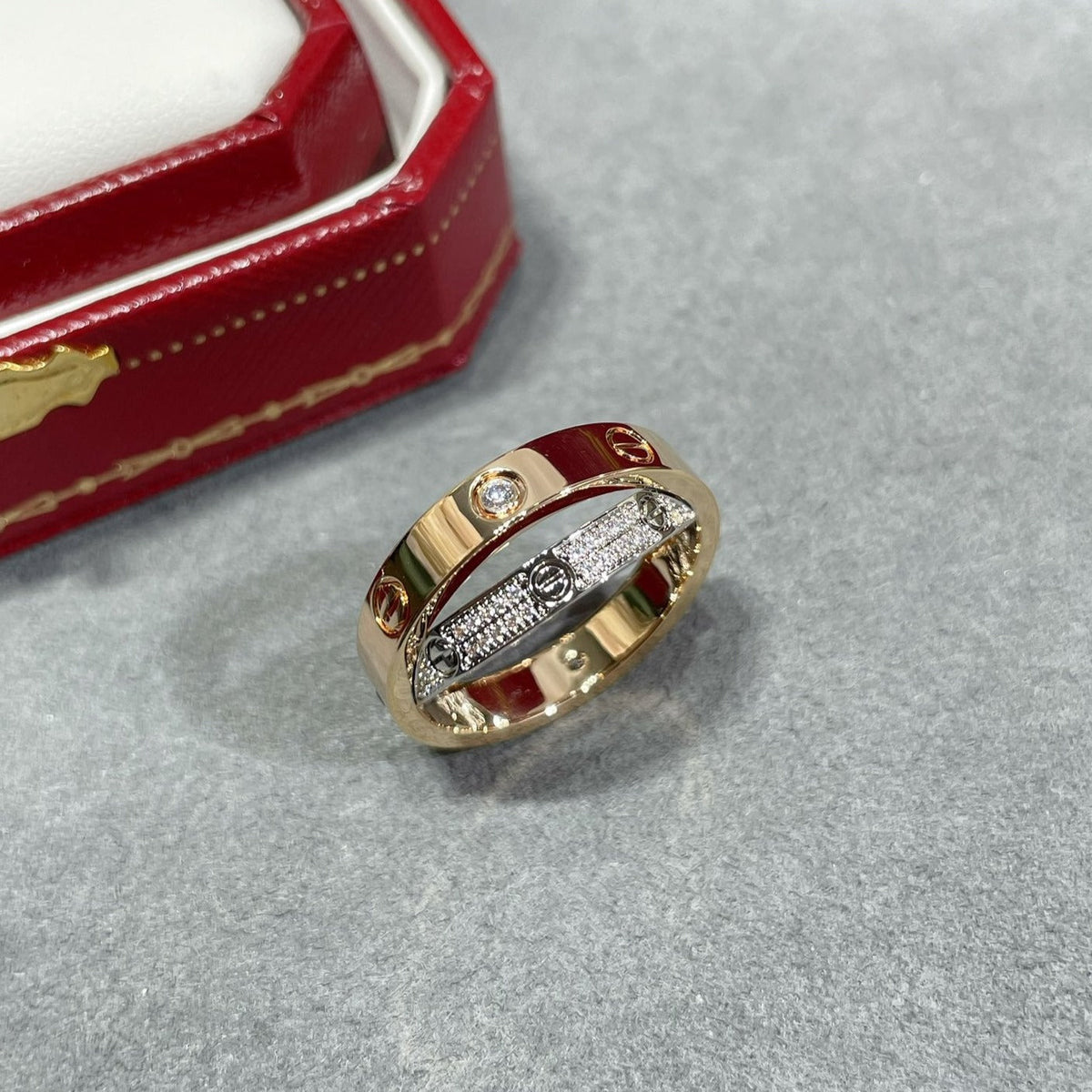 [baslovejewels]LOVE PINK GOLD SILVER DIAMOND DOUBLE RING