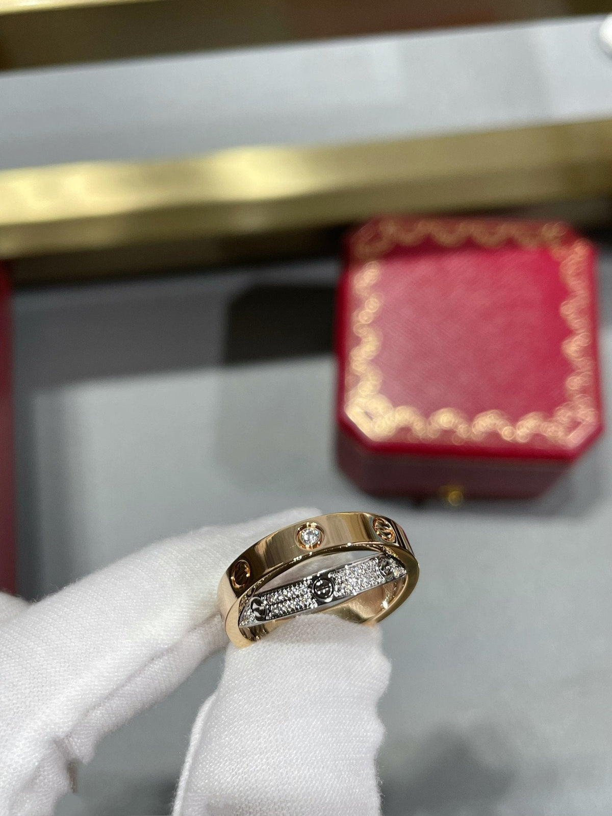 [baslovejewels]LOVE PINK GOLD SILVER DIAMOND DOUBLE RING