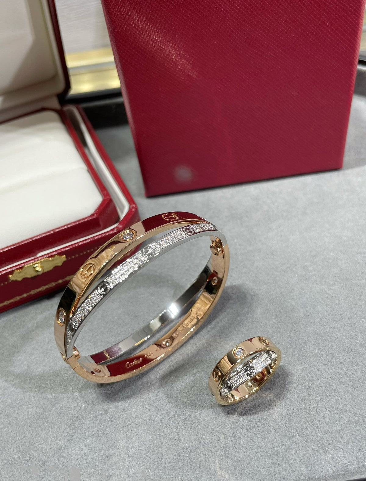 [baslovejewels]LOVE PINK GOLD SILVER DIAMOND DOUBLE RING