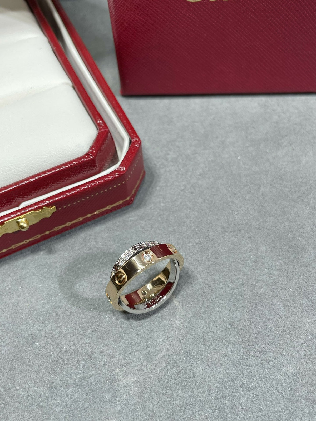 [baslovejewels]LOVE PINK GOLD SILVER DIAMOND DOUBLE RING