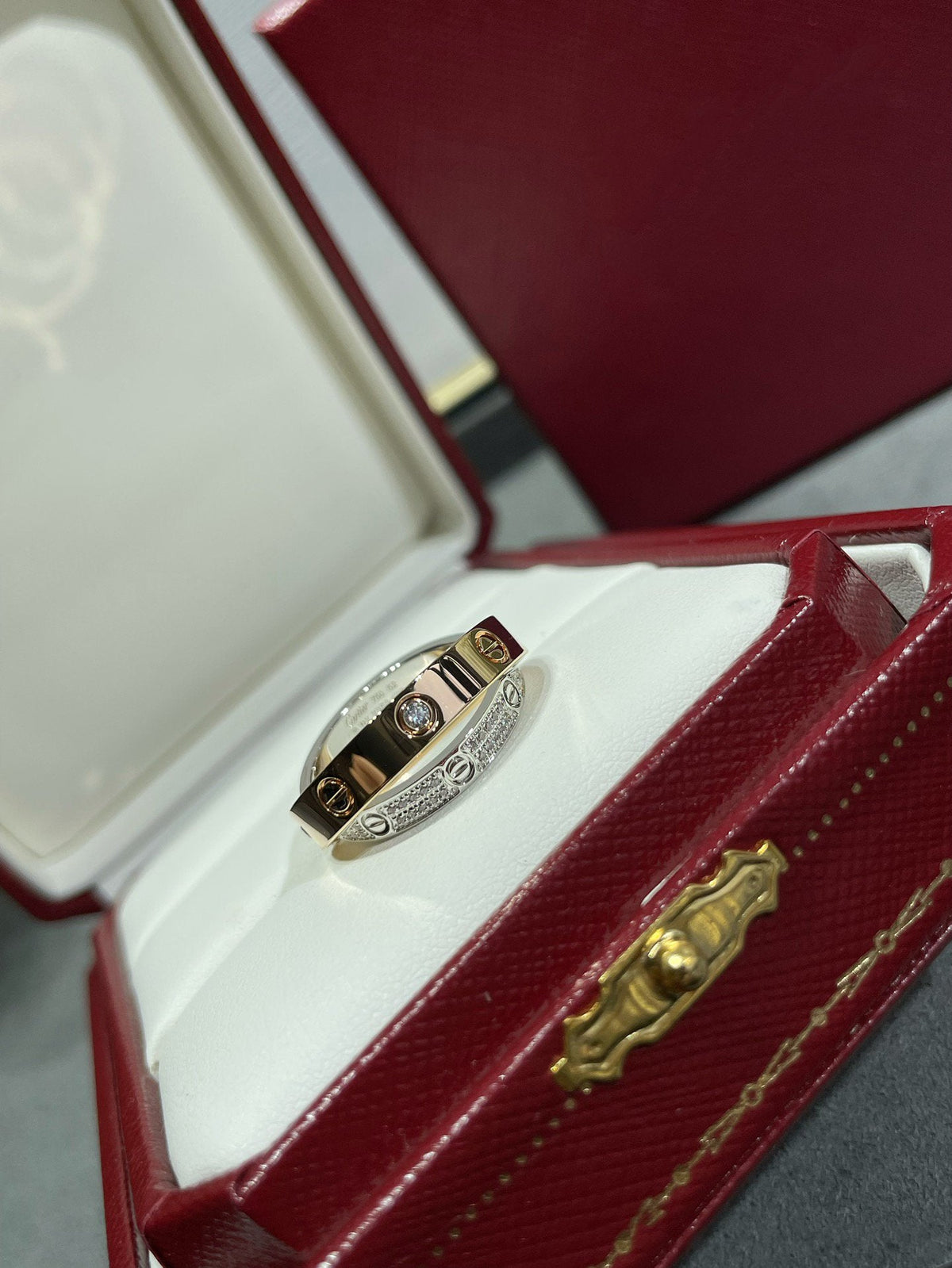 [baslovejewels]LOVE PINK GOLD SILVER DIAMOND DOUBLE RING