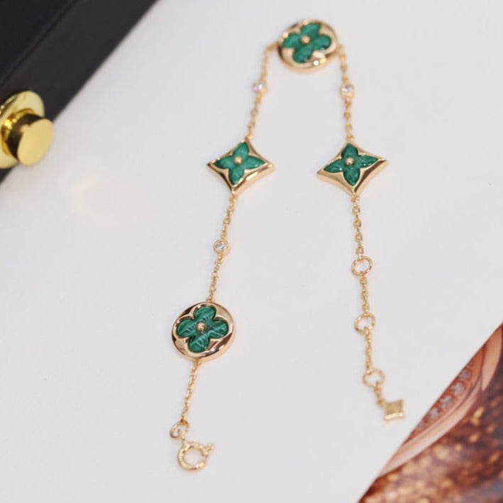 [baslovejewels]STAR AND SUN 4 MOTIF PINK GOLD MALACHITE BRACELET