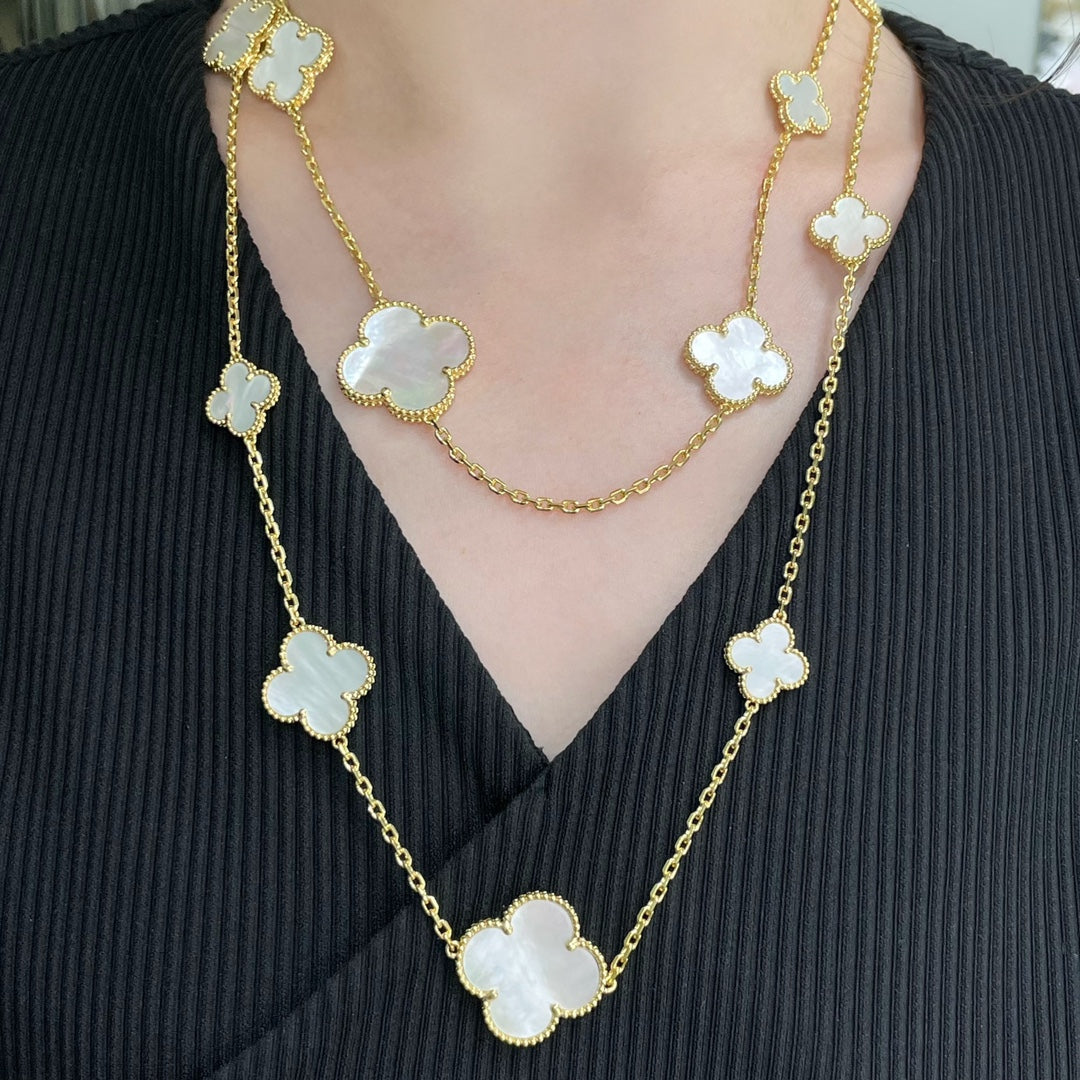 [basloveJW]CLOVER 16 MOTIF WHITE MOP GOLD NECKLACE