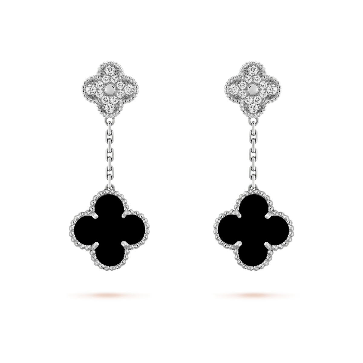 [basloveJW]CLOVER 2 MOTIFS  DIAMOND ONYX EARRINGS SILVER