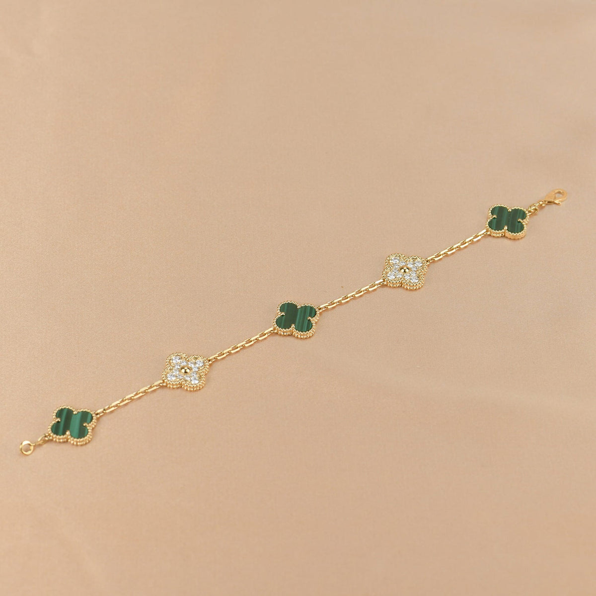 [baslovejewels]CLOVER  5 MOTIF MALACHITE DIAMOND BRACELET