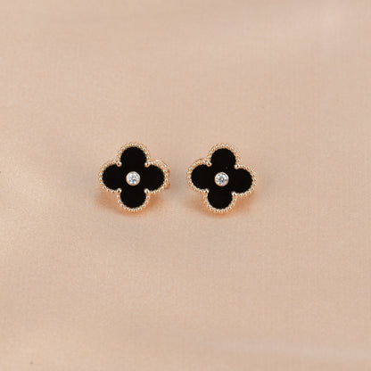 [basloveJW]CLOVER MEDIUM 1 MOTIFS ONYX DIAMOND EARRINGS