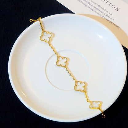 [baslovejewels]CLOVER 5 MOTIF ROCK CRYSTAL PINK GOLD BRACELET