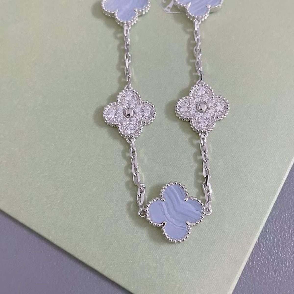 [baslovejewels]CLOVER  5 MOTIF DIAMOND PURPLE CHALCEDONY BRACELET SILVER