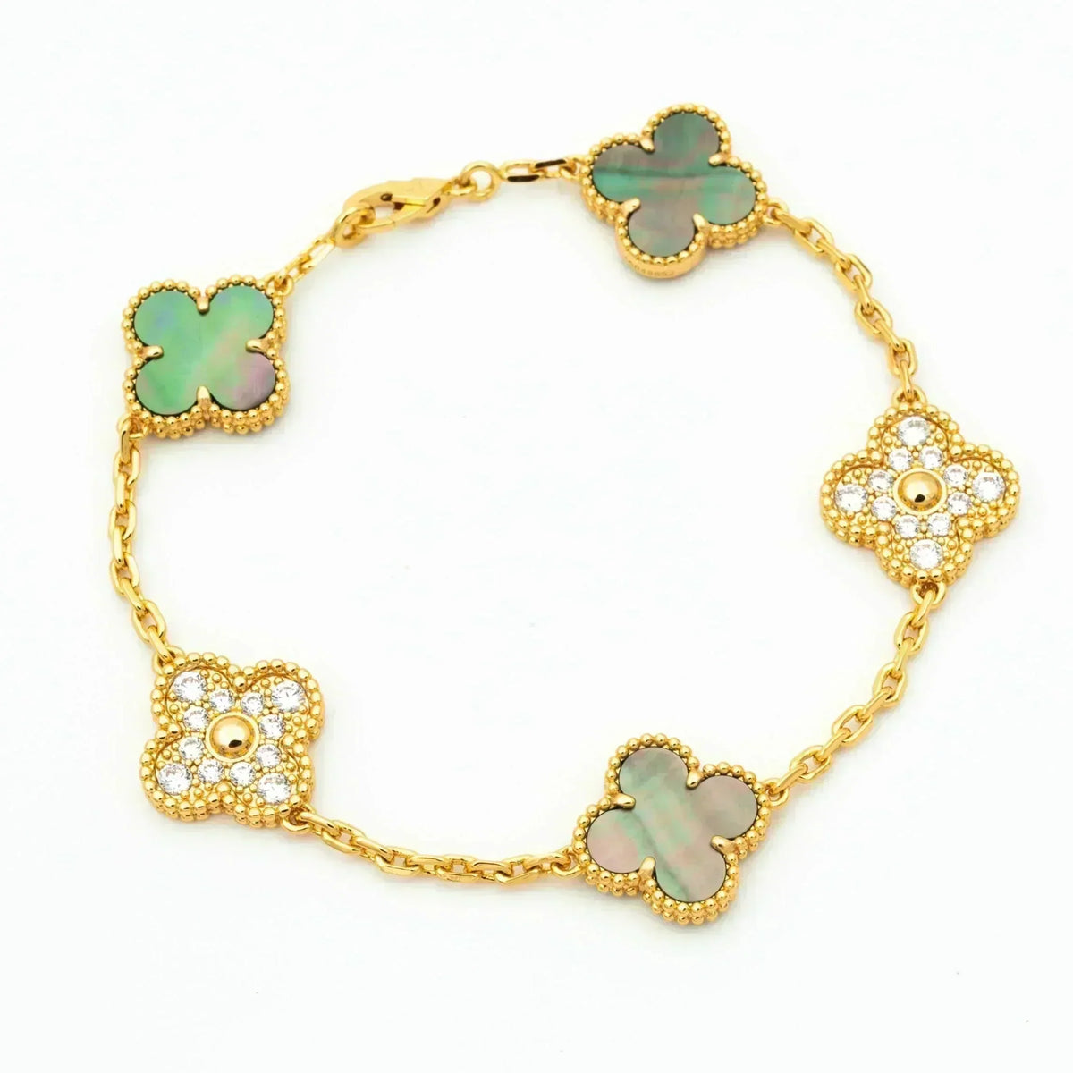 [baslovejewels]CLOVER 5 MOTIF GRAY MOP DIAMOND BRACELET