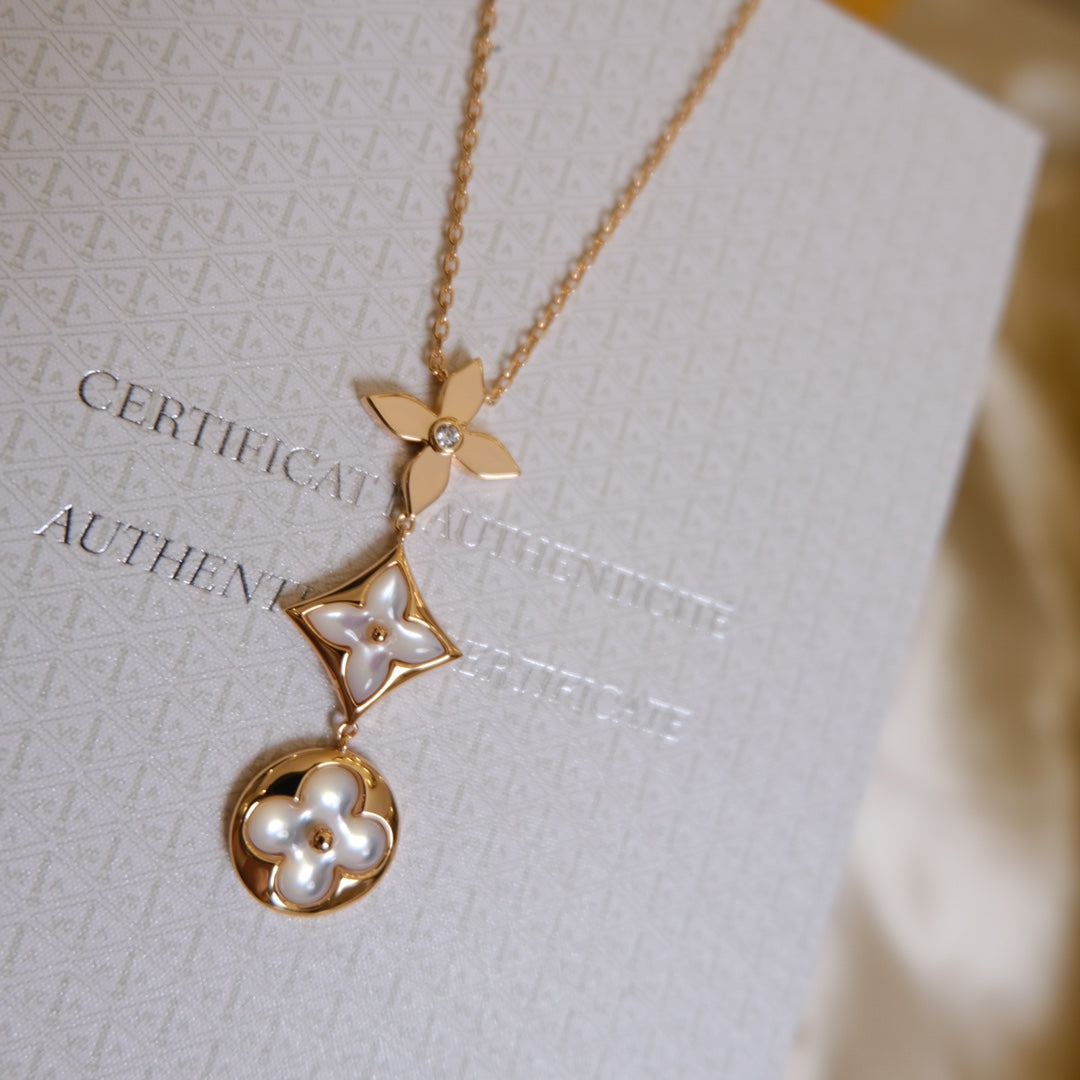 [baslovejewels]COLOR BLOSSOM LARIAT NECKLACE PINK GOLD WHITE MOTHER PEARL AND DIAMOND