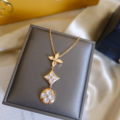 [baslovejewels]COLOR BLOSSOM LARIAT NECKLACE PINK GOLD WHITE MOTHER PEARL AND DIAMOND