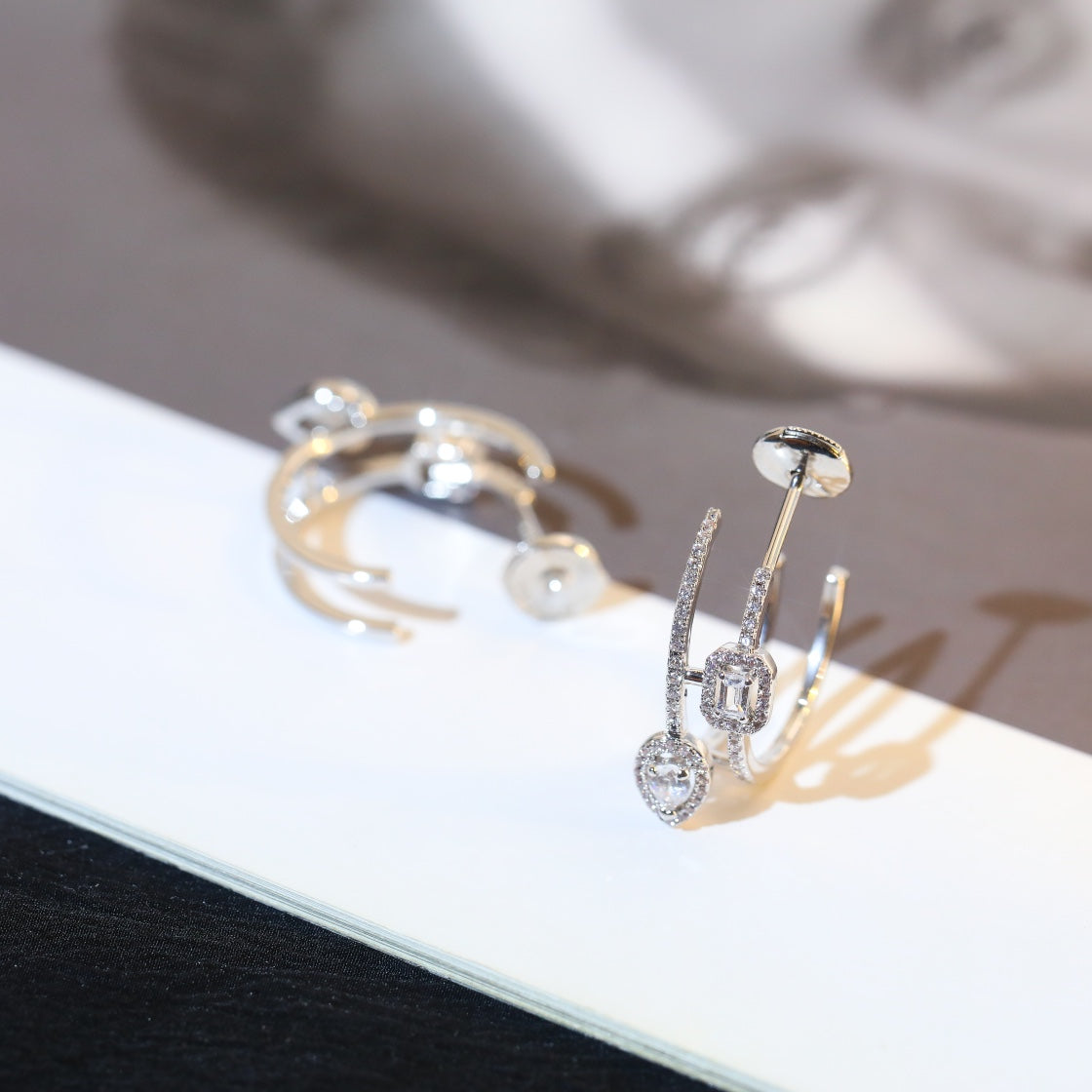 [baslovejewels]CREOLES MY TWIN 2 RANGS SILVER DIAMOND EARRINGS