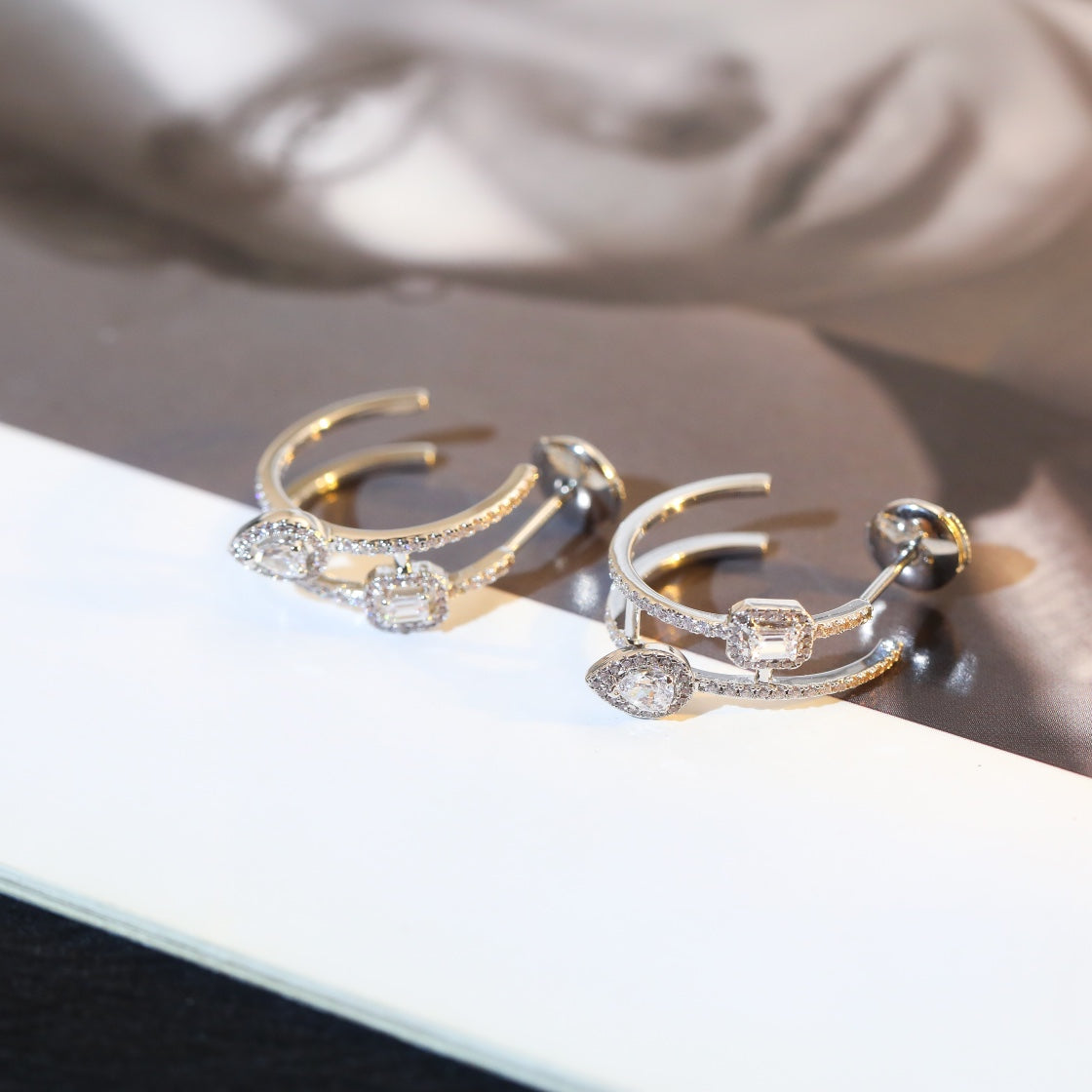 [baslovejewels]CREOLES MY TWIN 2 RANGS SILVER DIAMOND EARRINGS