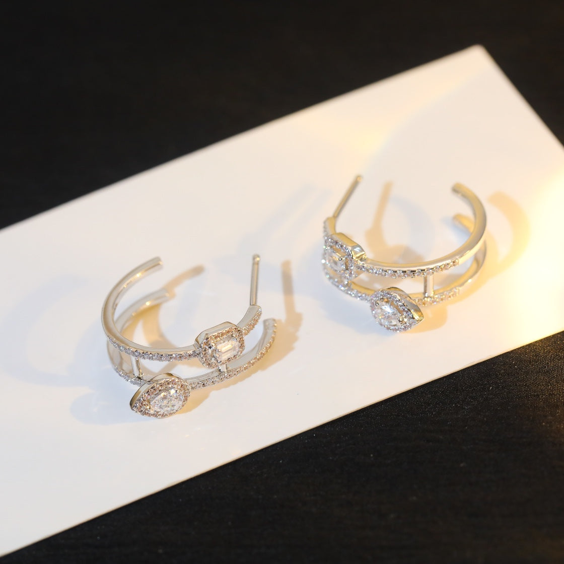 [baslovejewels]CREOLES MY TWIN 2 RANGS SILVER DIAMOND EARRINGS