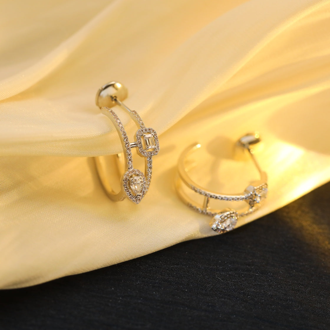 [baslovejewels]CREOLES MY TWIN 2 RANGS SILVER DIAMOND EARRINGS